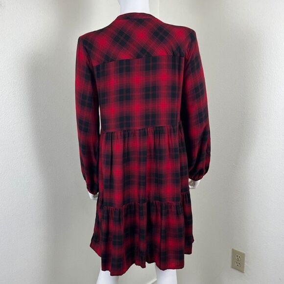 Knox Rose Womens Size M Red Plaid Long Sleeve Tiered Button Down Mini Dress - Picture 13 of 13